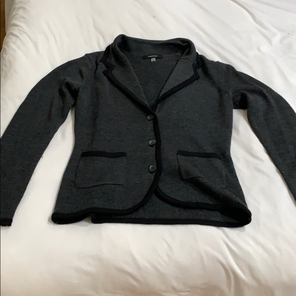 Dark gray cardigan with black trim